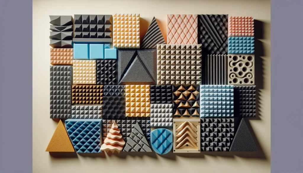 Variety of acoustic foam panels with different shapes and textures.

