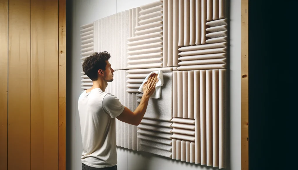 Person cleaning a wall for acoustic foam installation.
