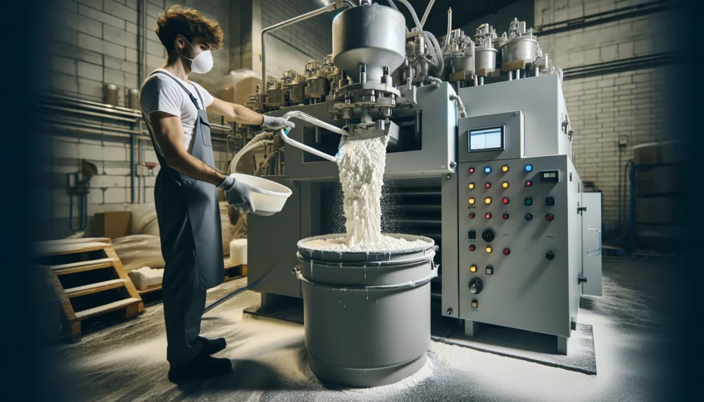 Factory worker pouring raw polyurethane foam materials into a mixing machine.