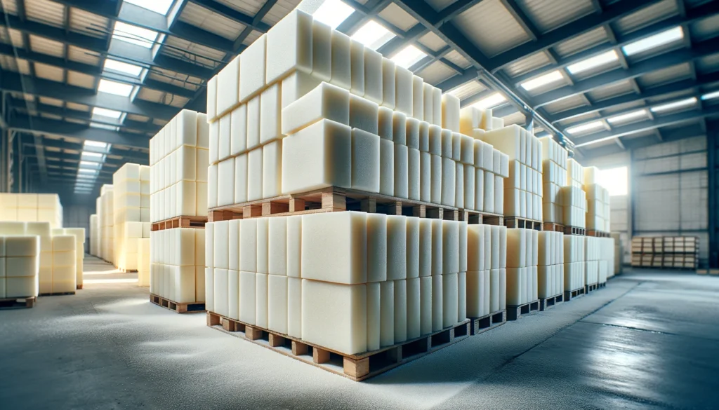 Large blocks of raw polyurethane foam in a warehouse.
