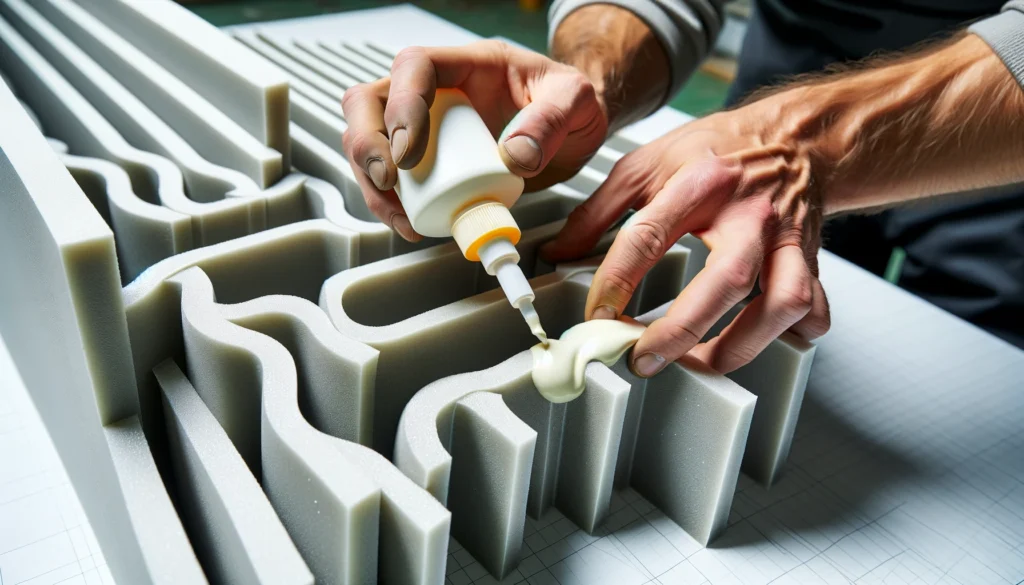 Worker applying adhesive to edges of acoustic foam pieces.
