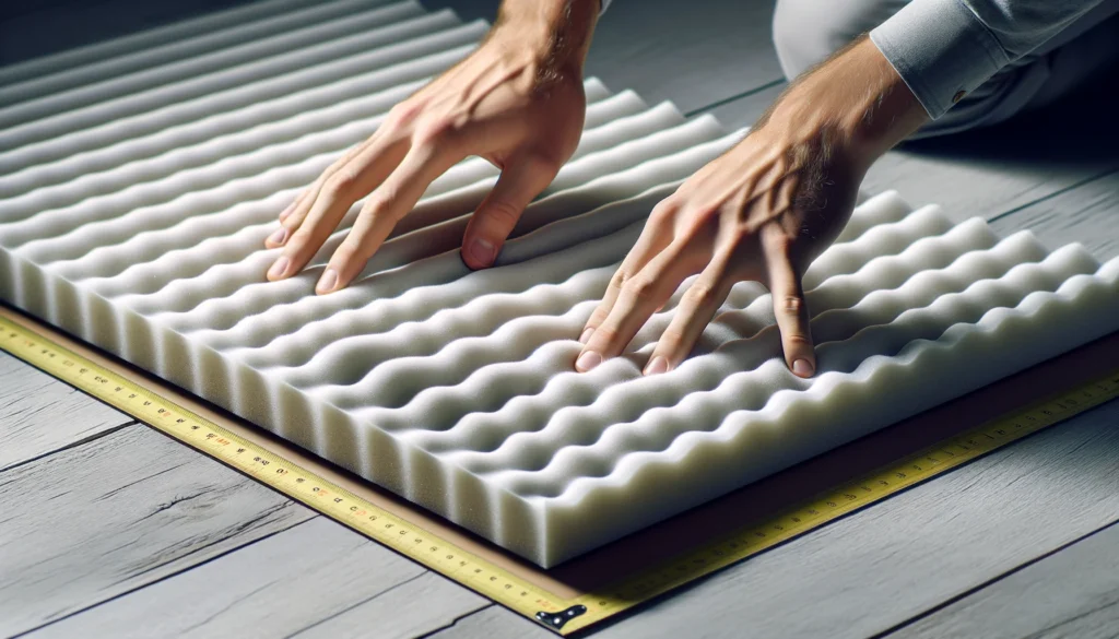 A person gently separating and laying out compressed acoustic foam panels.