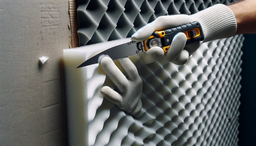 Person using a sharp utility knife to carefully cut through an acoustic foam panel on a wall.