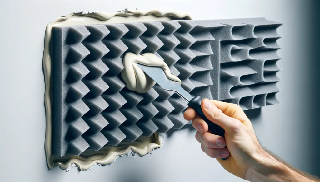 A person wearing gloves applying construction adhesive to the back of an acoustic foam panel.