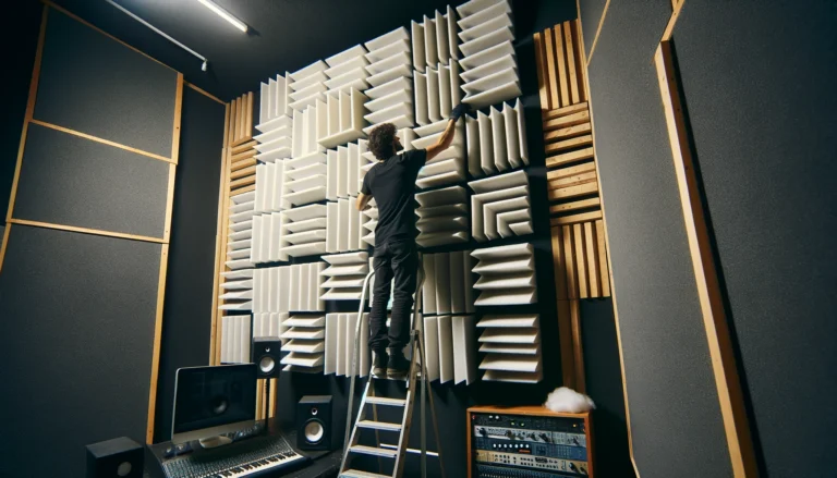 Person installing thick acoustic foam panels on a studio wall for soundproofing