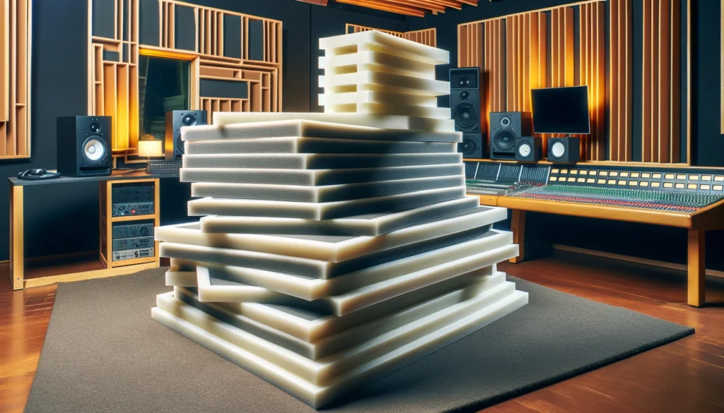 Stacks of new foam acoustic panels for studio sound treatment upgrades