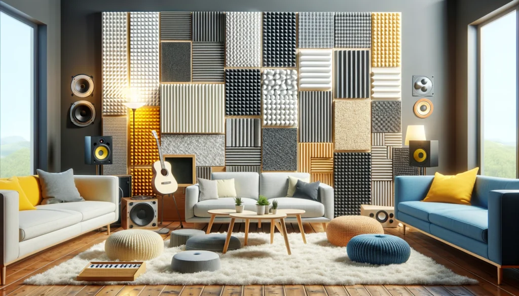 Room showcasing various sound absorption options, including acoustic foam
