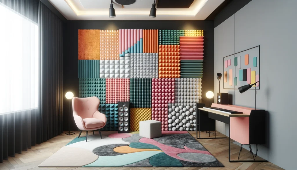 Modern room with colorful acoustic foam panels arranged in creative patterns