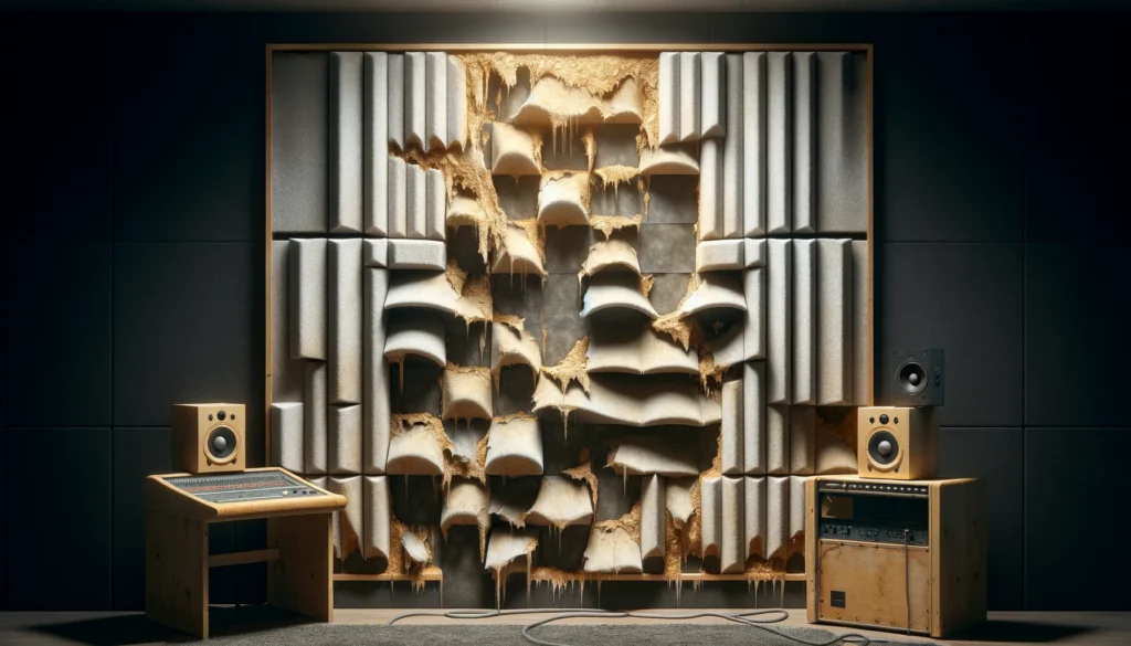 Recording studio with old, worn-out acoustic foam panels showing the need for replacement