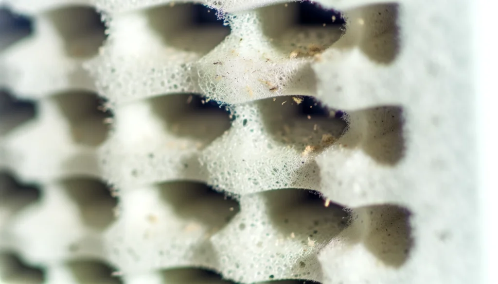 Close-up of an acoustic foam panel with trapped dust and allergens in its porous structure