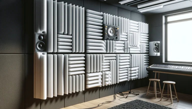 Melamine foam panels installed on a studio wall for sound absorption across all frequencies.