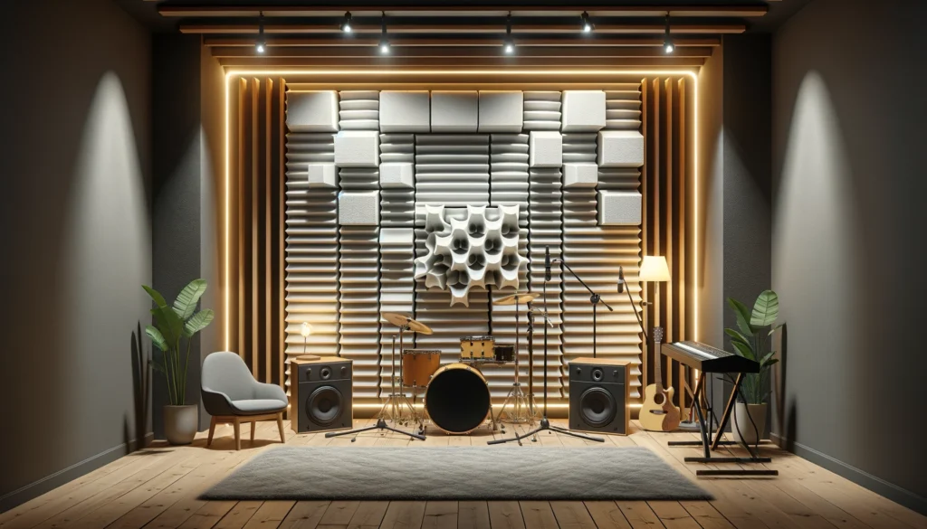 Acoustic eggcrate foam panels installed in a home studio, auditorium, school, office, and music venue for improved sound quality.