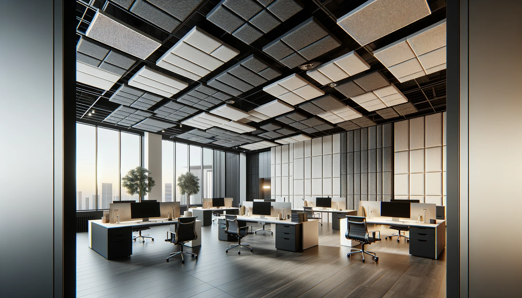 Modern office with both acoustic ceiling tiles and wall panels installed for sound absorption.
