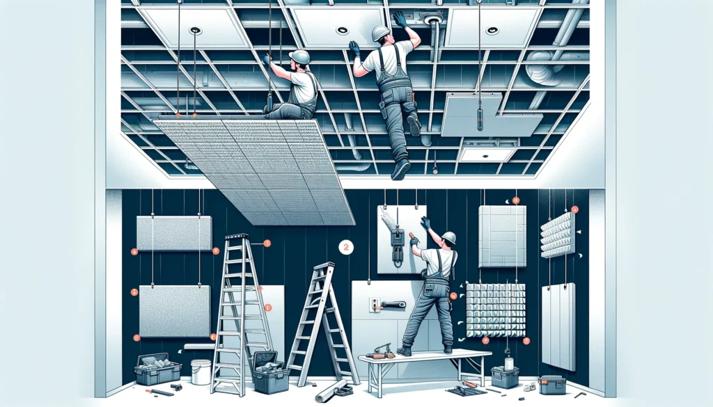 Illustration showing the installation of acoustic ceiling tiles in a grid system compared to mounting acoustic panels on a wall.