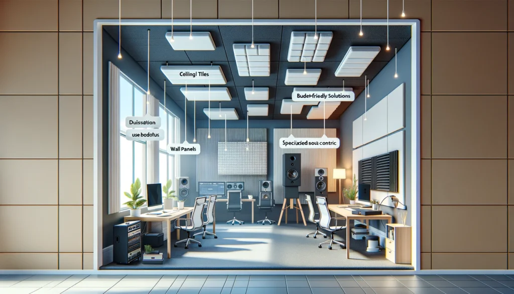 Image showcasing ideal applications of acoustic ceiling tiles and wall panels in different environments.



