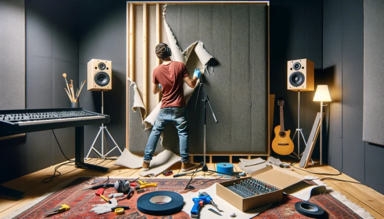 Person repairing a damaged acoustic panel in a music studio with tools and materials