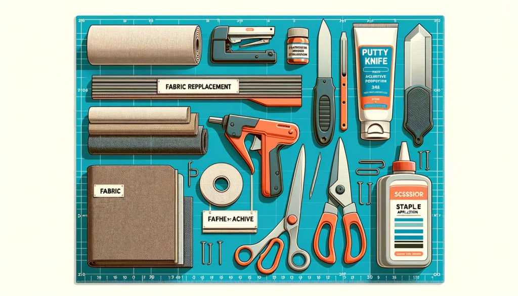 Materials and tools for repairing acoustic panels, such as fabric, adhesive, putty knife, and staple gun.