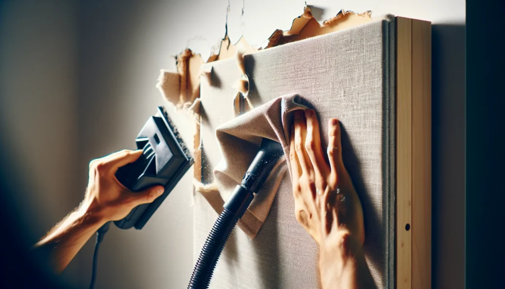Close-up of a person cleaning a damaged acoustic panel, with alternative text: "Image showing a person cleaning a damaged acoustic panel with a microfiber cloth and a vacuum cleaner.