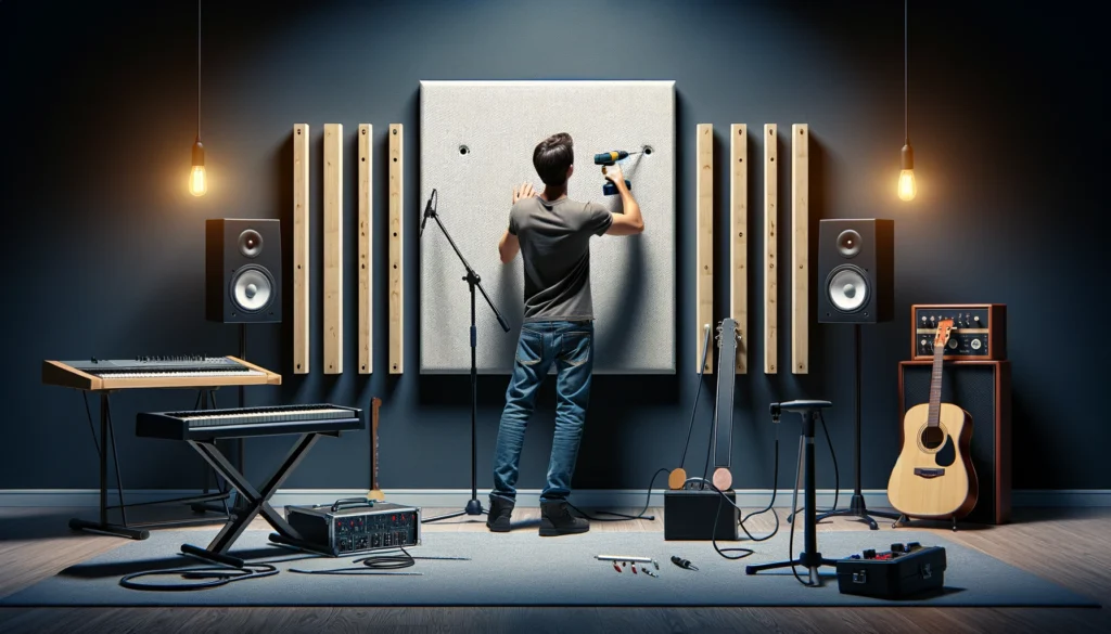 Image showing a person mounting an acoustic panel on a wall and testing its performance in a recording studio environment