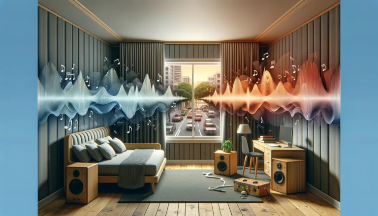 A room with noisy neighbors and loud traffic sounds, showcasing the need for effective acoustic treatment.