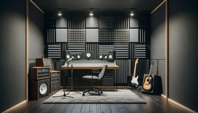 A recording studio with visible acoustic foam panels and acoustic wedges on the walls.