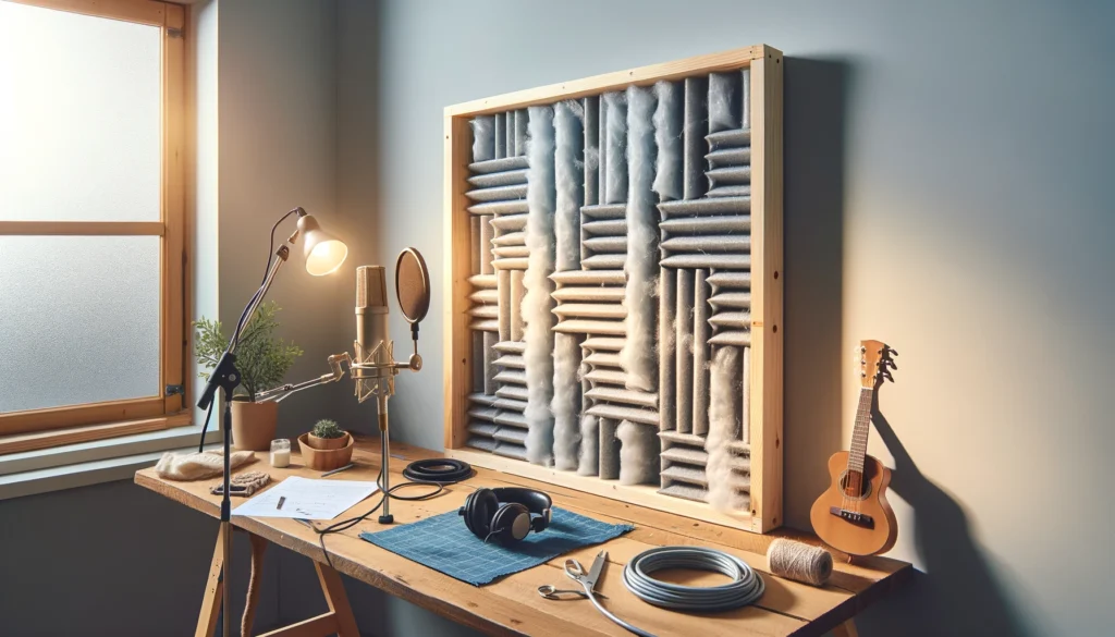 Various types of acoustic panels including foam, rigid fiberglass, and wood panel systems displayed in a studio setting
