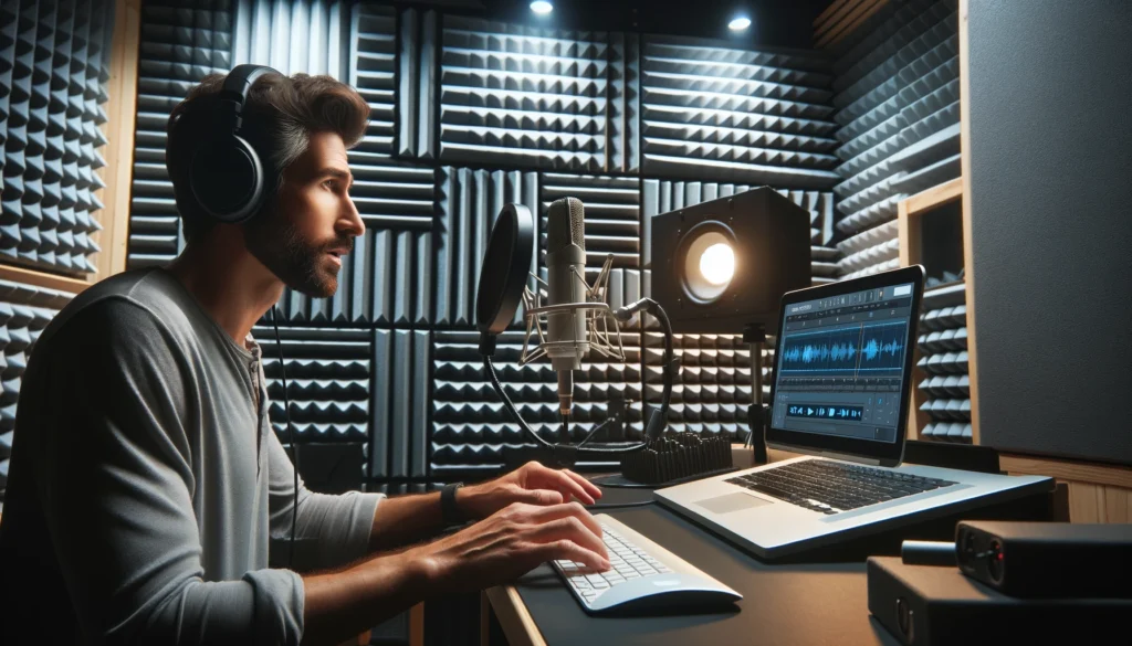 Voiceover artist recording in a studio with acoustic treatment for clearer and more intimate audio quality