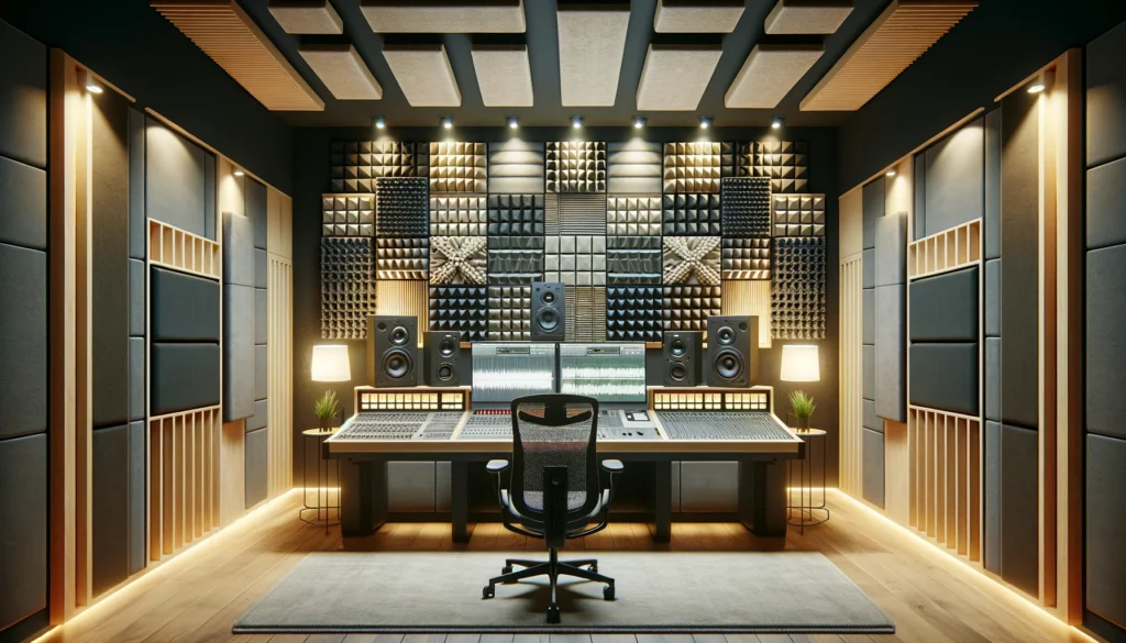 Voiceover studio control room with symmetrical acoustic panels and diffusers for balanced sound