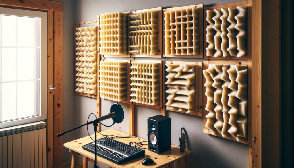 Home studio with DIY acoustic panels made from rigid fiberglass insulation boards for cost-effective sound absorption.