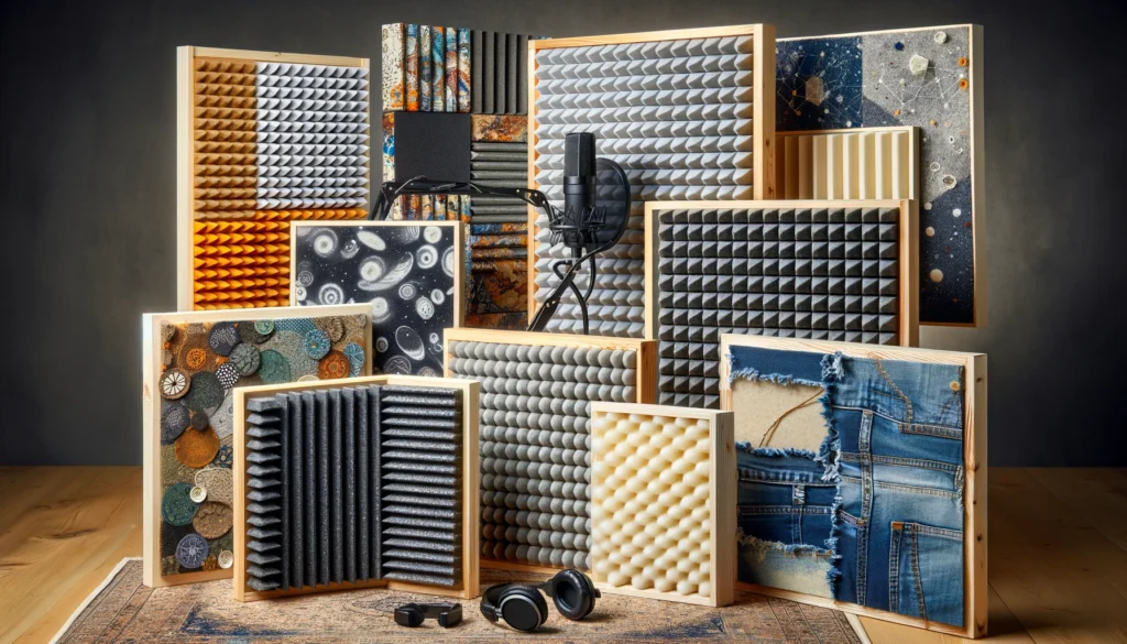 Variety of acoustic panels in a studio, including rigid fiberglass, rockwool, and recycled jeans, for reverb control
