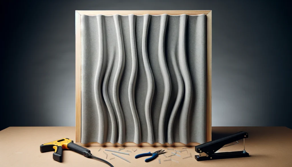 Wood frame pieces assembled into a rectangular acoustic panel shape