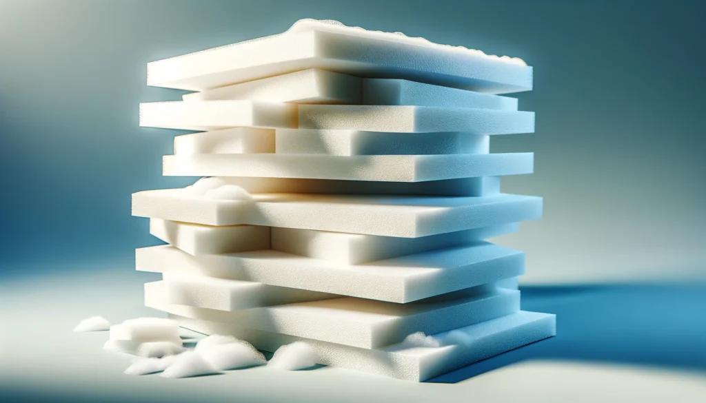 Visual representation of melamine foam's cons: limited sound blocking, dust build-up, and flammability