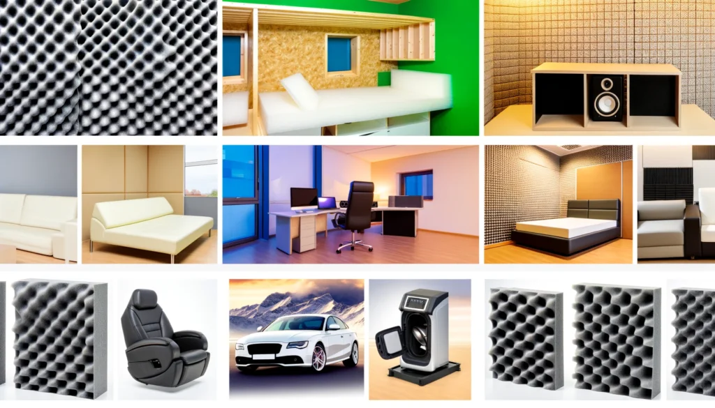 Collage of melamine foam uses: studio soundproofing, appliance noise reduction, office noise control, and automotive sound dampening
