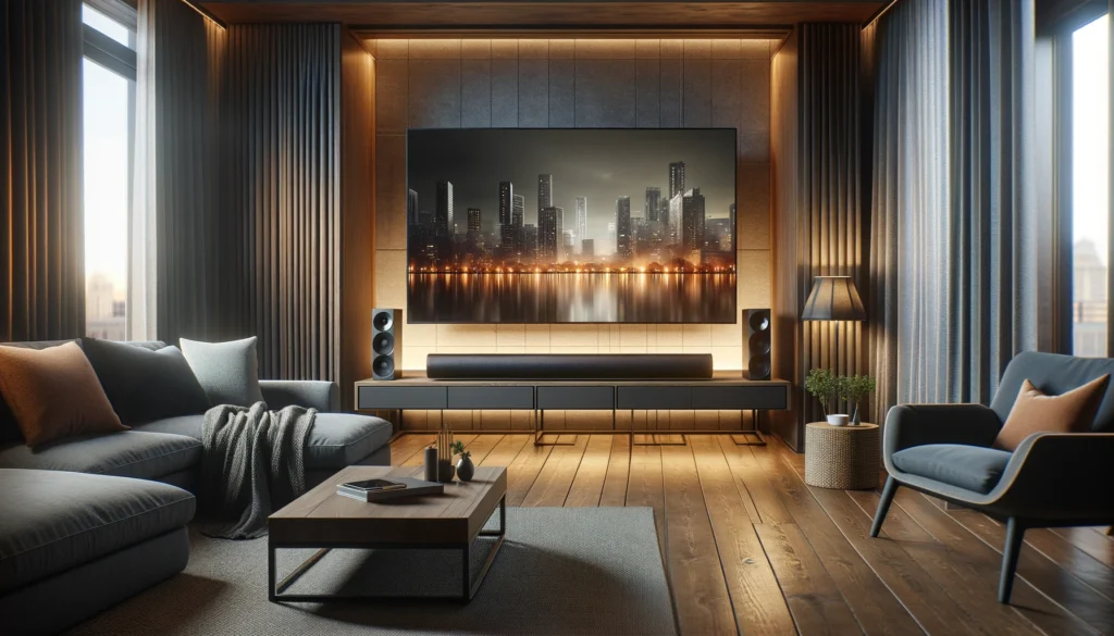Sleek modern soundbar with multiple drivers, showcasing DTS:X support in a minimalist living room