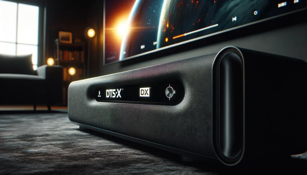 Premium DTS:X soundbar in a cozy home theater, with sound waves illustrating immersive audio capabilities