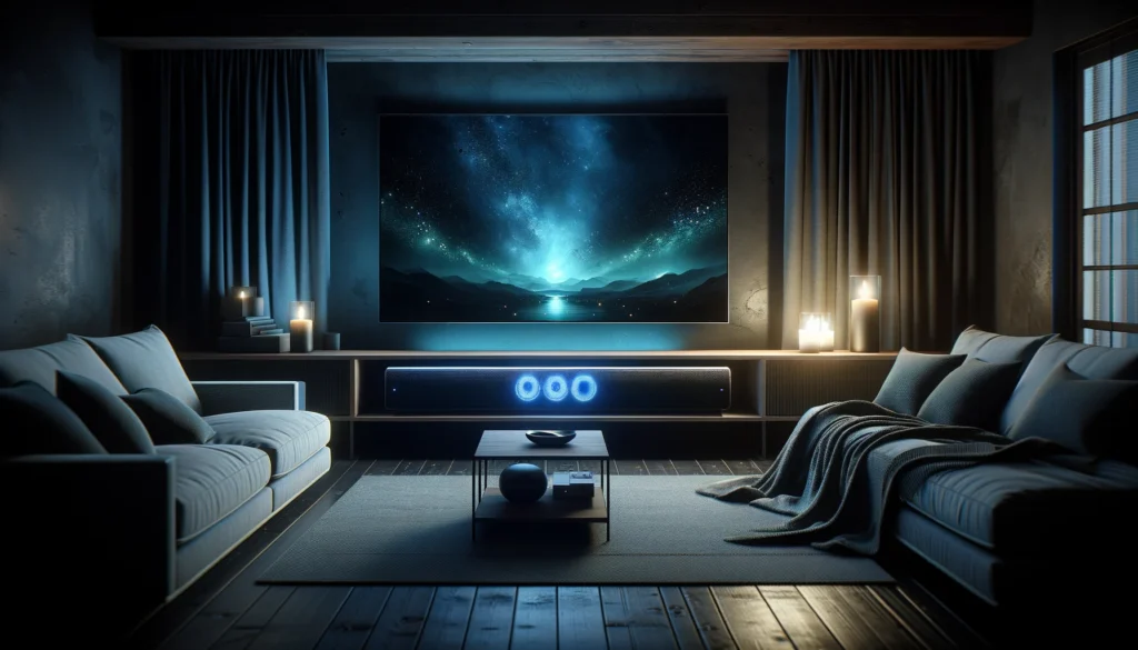 Modern living room with a sleek soundbar beneath a TV, showcasing DTS:X technology for immersive audio