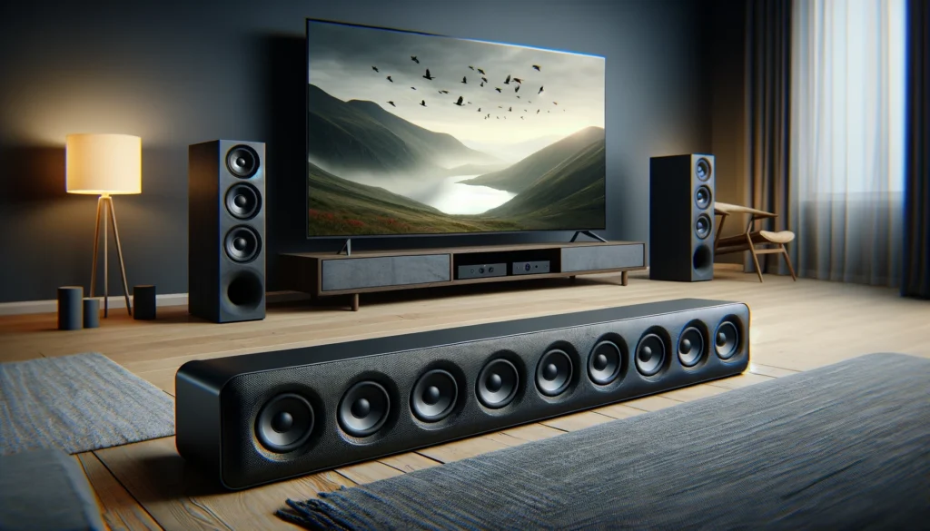 Sleek modern soundbar with multiple drivers, showcasing DTS:X support in a minimalist living room
