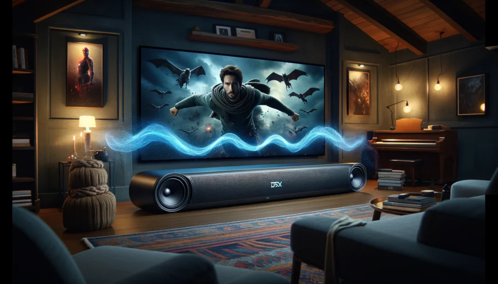 Premium DTS:X soundbar in a cozy home theater, with sound waves illustrating immersive audio capabilities