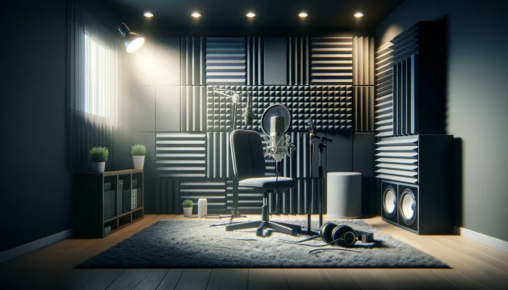 Home voiceover studio with acoustic panels on walls for sound absorption and reduced echo, equipped with a microphone and headphones.


