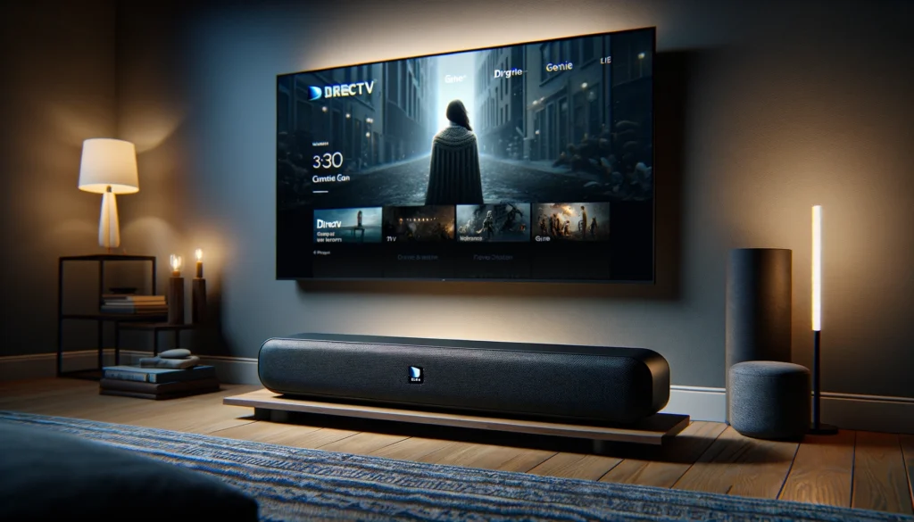 Sleek soundbar with DirecTV Genie on modern TV in cozy living room