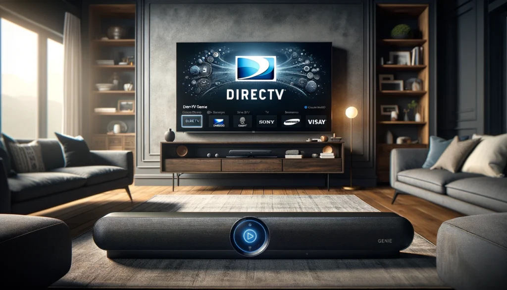 Modern living room with TV, DirecTV Genie, and soundbar from brands like Samsung, Sony, Vizio