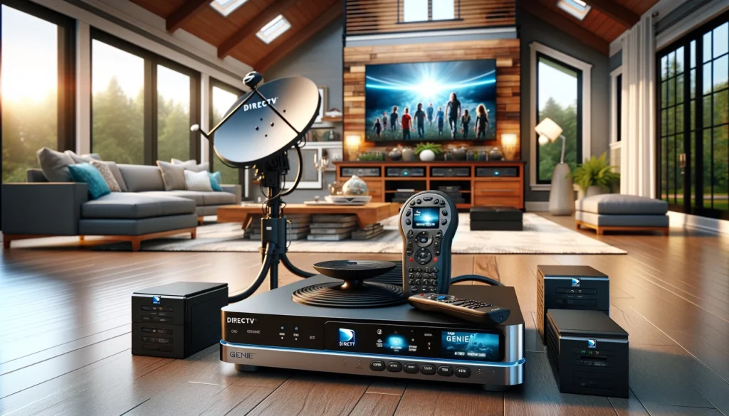DirecTV Genie DVR system in a modern living room, connected to satellite dish and set-top boxes