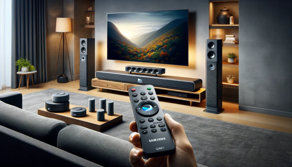 Samsung HW-K850 soundbar with DirecTV Genie remote, wireless speakers, and subwoofer in living room