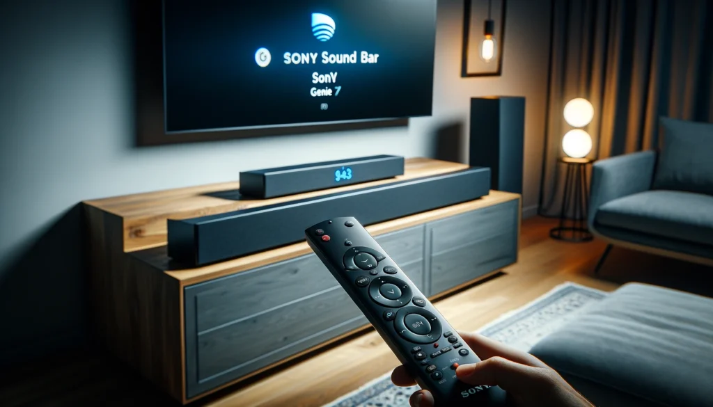 Sony soundbar setup with DirecTV Genie remote syncing in a modern living room.