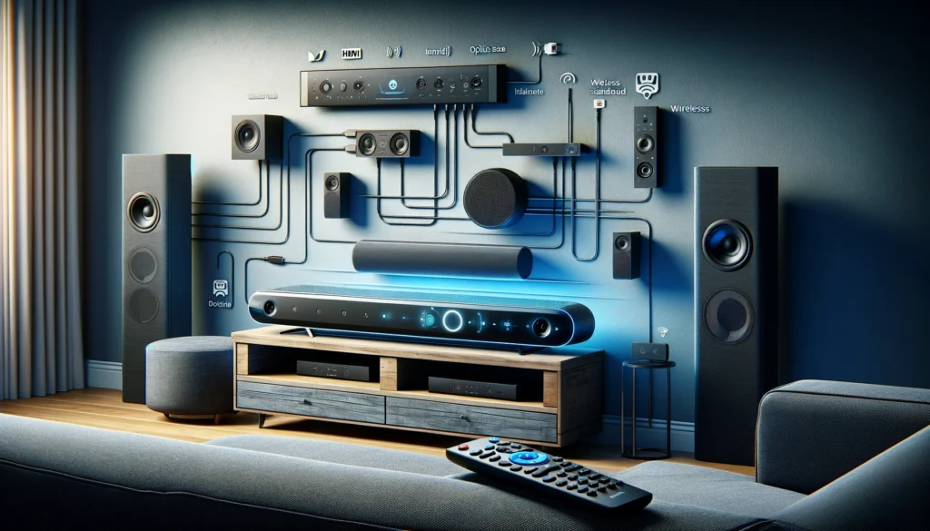 Modern home theater with soundbar, DirecTV Genie, HDMI connection, wireless speakers, and universal remote