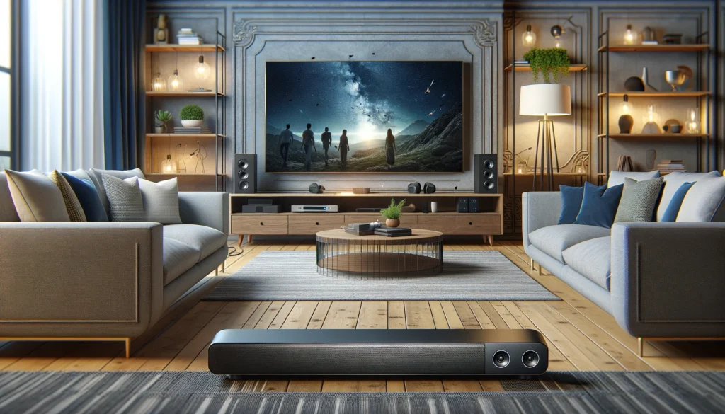 Modern living room with a wired and a wireless soundbar in front of a flat-screen TV