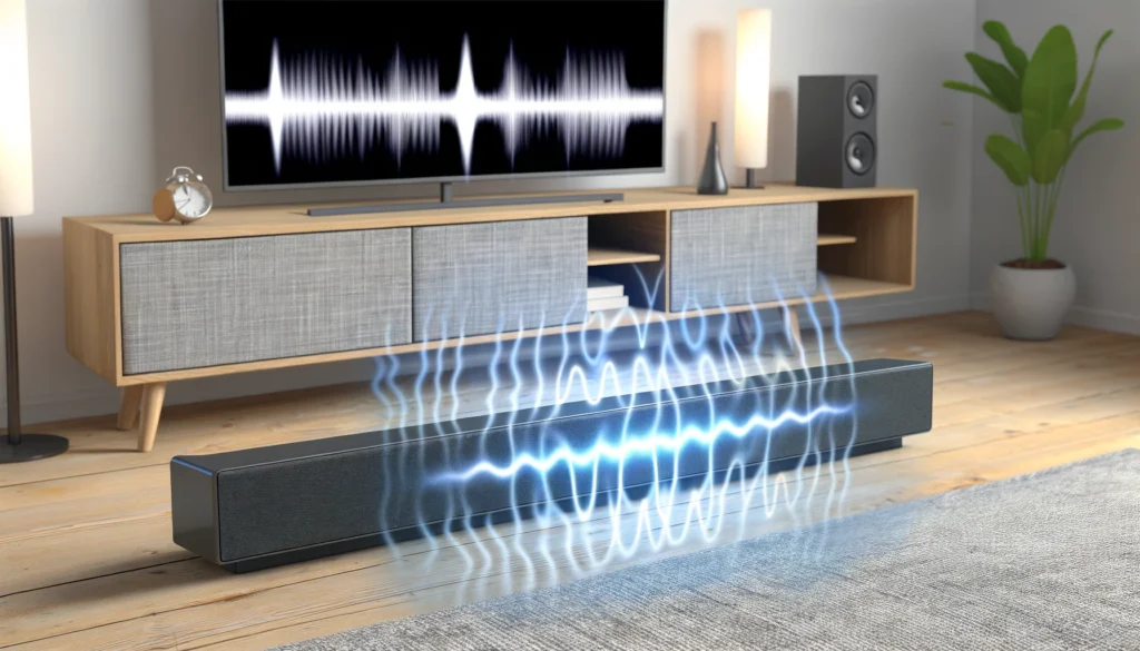 Living room with a wireless soundbar experiencing interference and a wired soundbar with clear sound