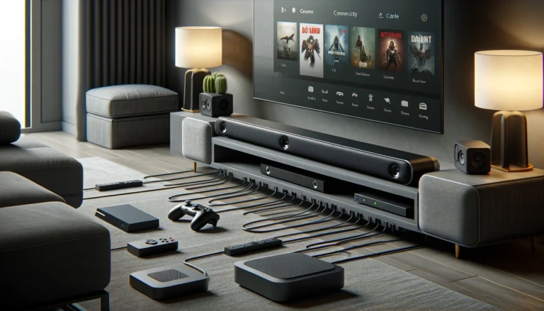 A sleek soundbar connected to a TV, gaming console, and streaming stick in a modern living room.