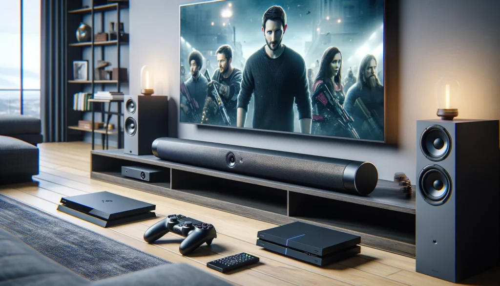  A modern soundbar connected to a TV, Blu-ray player, and gaming console in a contemporary living room