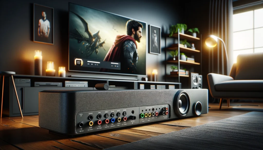 A high-end soundbar with multiple input ports in a modern home theater setup.